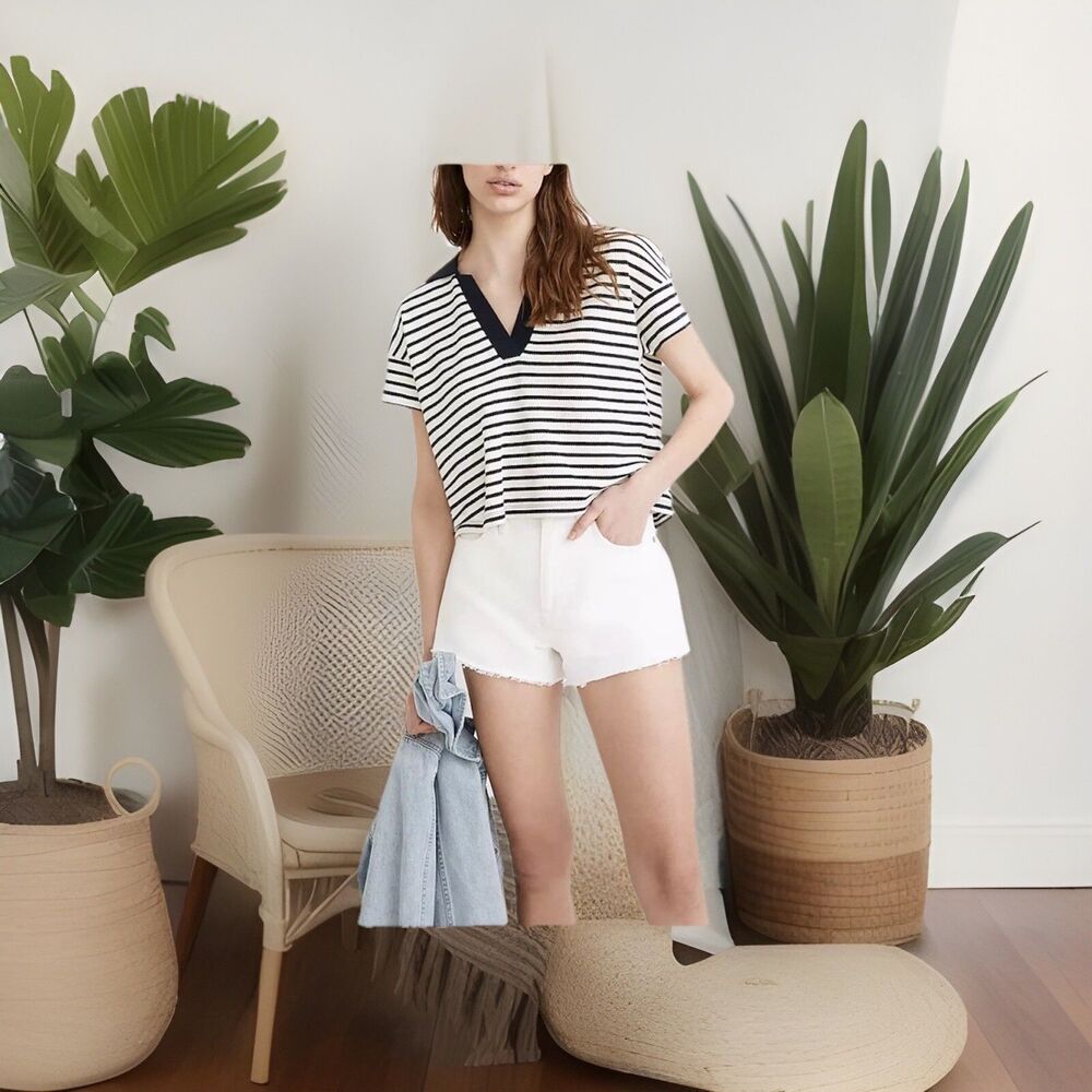 MADEWELL WOMEN'S NAVY WHITE STRIPED TEXTURE-RIB CROPPED POLO TEE TOP Sz XS NWOT